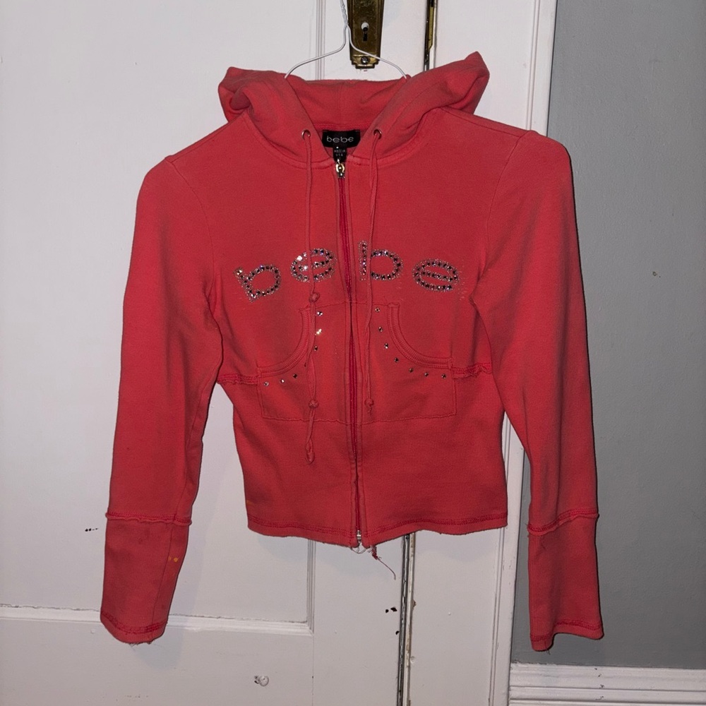 Y2K bebe cropped rhinestone logo hoodie pink size S